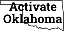 Activate Oklahoma logo. Orange and blue text over an outline of the State of Oklahoma.